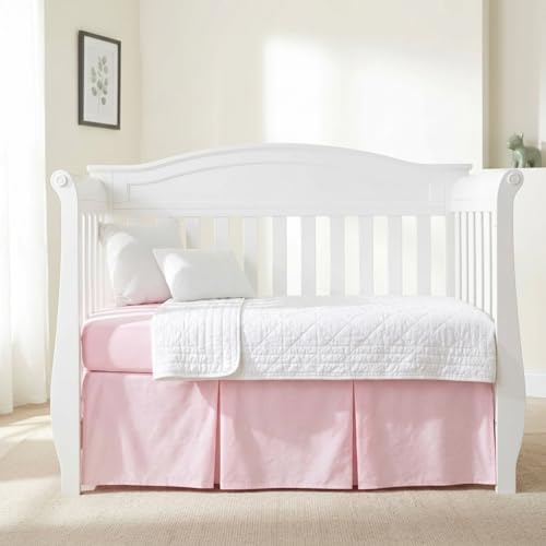 EVERYDAY KIDS Light Pink Pleated Crib Skirt; 100% Natural Cotton Nursery Crib - Image 3