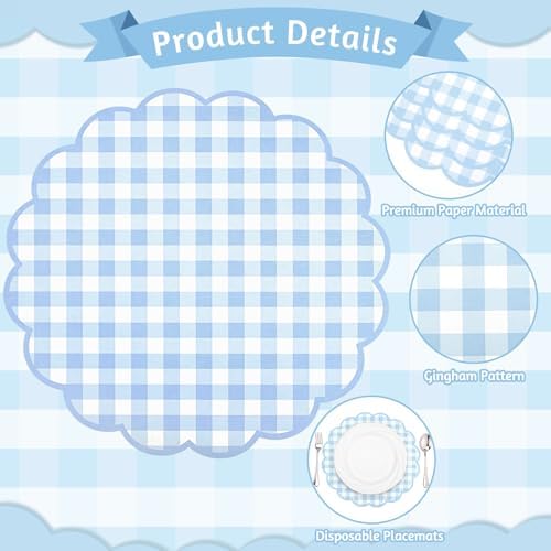 60 Pcs Blue Gingham Paper Placemats, Scalloped Blue Checkered Place Mat - Image 4