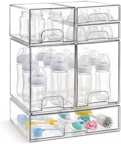 Baby Bottle Organizer, 6-Piece Clear Acrylic Stackable Storage Drawers by Luollabytel