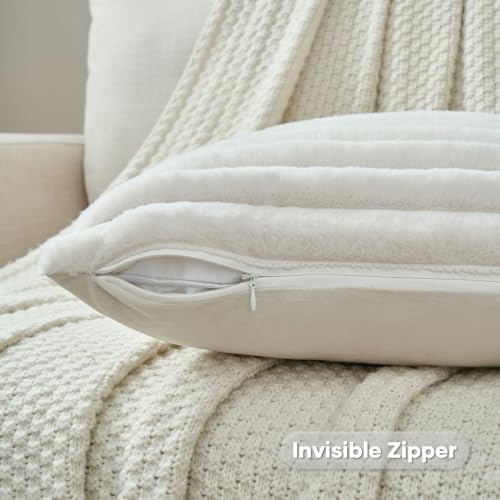 FUTEI Pack of 2 Faux Fur Throw Pillow Covers 20x20 Inch, Cream White - Image 3