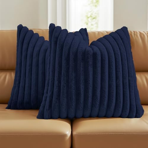 FUTEI Pack of 2 Faux Fur Throw Pillow Covers 24x24 Inch, Dark Navy by FUTEI
