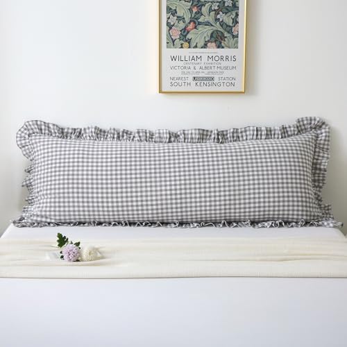Grey White Gingham Ruffle Body Pillow Cover 20"x54" by KMASANIJI