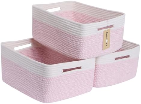 MiniArk Woven Pink Cotton Storage Baskets, 3 Pack by MiniArkStorageBasketsHome