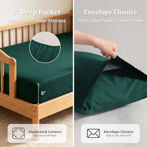 BEDSUM 4pc Toddler Cooling Bedding Set, Rayon Made from Bamboo, Dark Green - Image 4