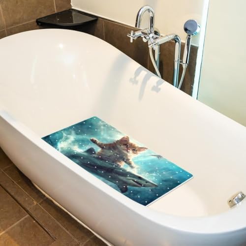 Shower Mat Non Slip 26.8 x 15.1 Inches, Funny Cat Riding Shark Ocean Bathtub - Image 5