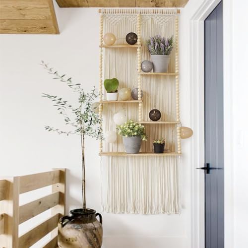 Macrame Wall Shelf Boho Hanging Organizer Floating Plant Shelf 11.8"W*47"L - Image 2