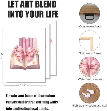 JBZZD Coquette Pink Bow Canvas Wall Art Set of 3, Book Lovers Gifts Preppy - Image 3