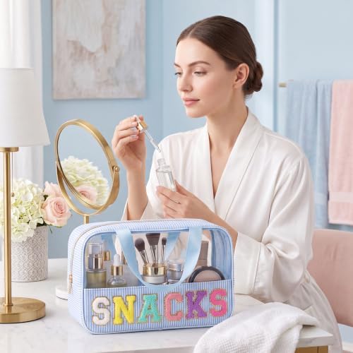 Sanwuta 3 Pcs Seersucker Snacks Bag Chenille Letter Clear Makeup Bag - Image 5