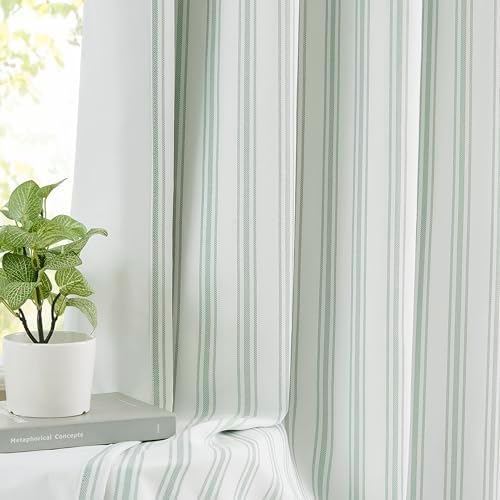 ZJDECOR 72 Inch Green White Striped Full Blackout Curtain Panels by ZJDECOR