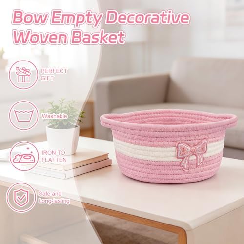 Pink Bow Basket for Nursery- Small Woven Gift Basket - Image 3