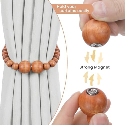 KLOGTSIND Magnetic Curtain Tiebacks, 4 Pack Wood Bead Curtain Holdbacks - Image 2