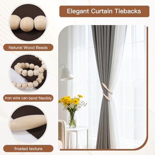 Wood Bead Curtain Tiebacks 4 Pack, No Drill Curtain Holdbacks - Image 4