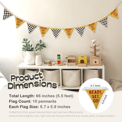 Race Car Room Decor for Boys Canvas Linen Garland Triangle Banners, Ready Set - Image 6