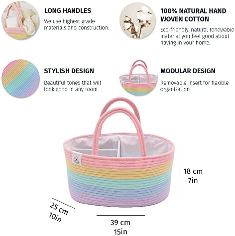 OrganiHaus Pastel Rainbow Rope Diaper Caddy Organizer, Nursery Basket - Image 2