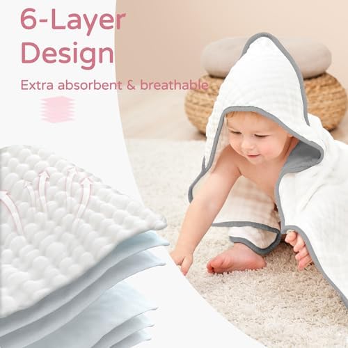 Yoofoss Hooded Baby Bath Towels 2 Pack 100% Muslin Organic Cotton - Image 4