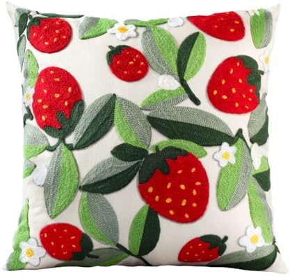 Embroidered Throw Pillow Cover, 20x20 Inch, Strawberry Leaves by Kokaaee