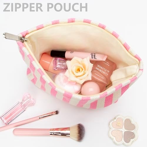 Flat Makeup Bag for Women, Zipper Cosmetic Pouch for Purse, Stripe Pink - Image 3