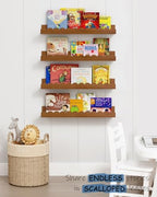 Harwaya Walnut Nursery Book Shelves Wall Set of 4, Dark Wood Scalloped Floating - Image 3