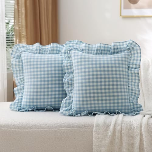 2 Pack Light Blue Gingham Ruffle Throw Pillow Covers 18''x18'' by KMASANIJI
