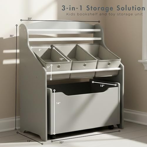 Humble Crew 3 in 1 Kids Bookshelf, Toy Organizer and Rolling Toy Box - Image 2