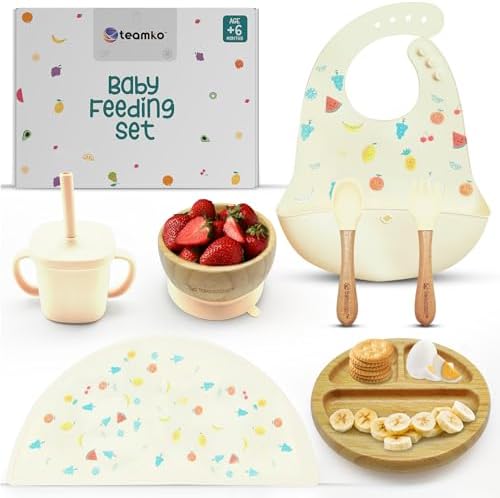TEAMKO® Silicone Baby Feeding Set: Bamboo Baby Plate and Bowl, Cup & Placemat by Teamko