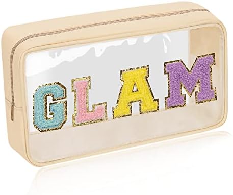 Iqimott Clear Patch Makeup Bag Monogram Pouch, Preppy Personalized Chenille by Iqimott