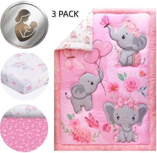 Baby Girl Crib Bedding Set Pink Elephant Crib Nursery Comforter Bed Sets Decor - Image 3