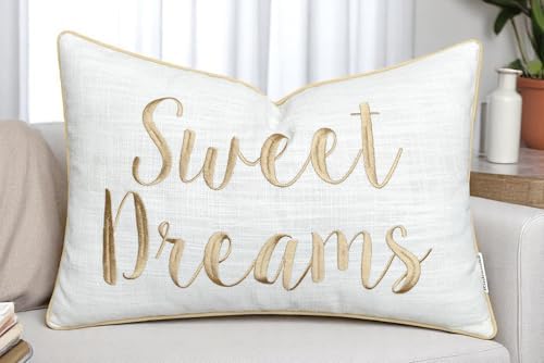 Rudransha Sweet Dreams Embroidered 12x18 Lumbar Pillow Cover, Ivory Gold by Rudransha