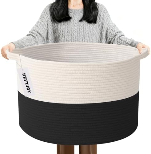 90L Extra Large Blanket Basket, Woven Laundry Basket-White&Black by HZFTJOY