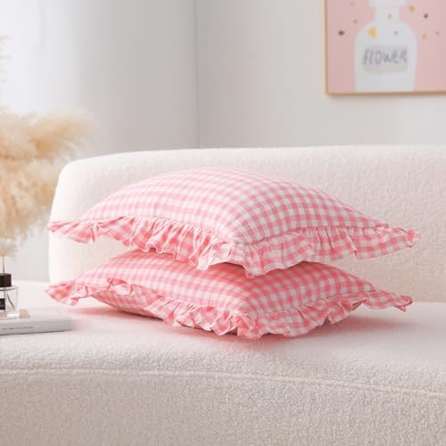 2 Pack Coral Pink Gingham Lumbar Throw Pillow Shams 12''x20'' - Image 3