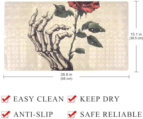 Bathtub Mat Non Slip 26.8x15.1 Inch, Skull Hand Holding a Red Rose Shower Mat - Image 4