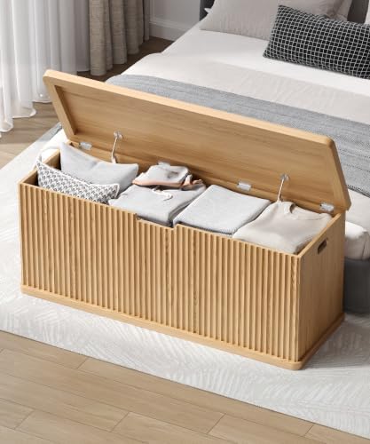 Akxomel 45.3" Fluted Storage Chest Wooden Storage Trunk 2 Safety Hinges Oak - Image 5