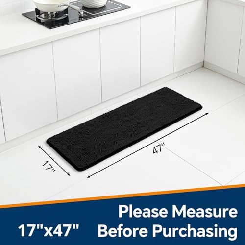 Chenille Bathroom Runner Rug 17"x47" Black, Plush Bath Mat - Image 2