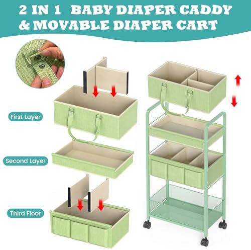 LIDTOP 2in1 Baby Diaper Caddy Organizer Cart, 3-Tier Rolling Cart, Metal Diaper - Image 3