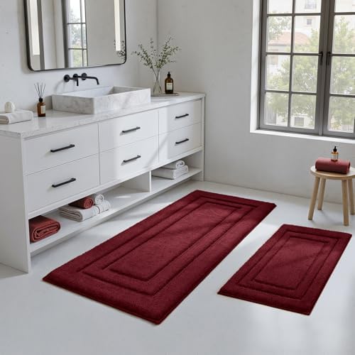 HOMEIDEAS Bathroom Rugs Sets 2 Piece, Extra Long Bath Mat Burgundy Red - Image 2