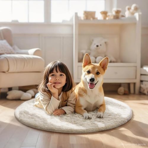 Ophanie Round Rugs 3Ft Ivory Circle Area Rug, Nursery Bedroom Carpet, Small - Image 3