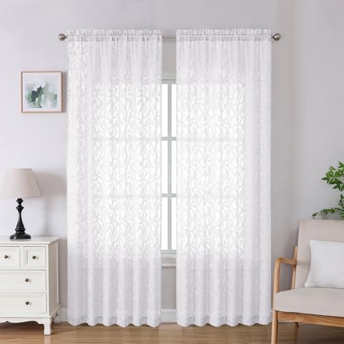 Lecloud Leia White Sheer Curtains 90 Inches Long 2 Panels, Airy Voile Jacquard by Lecloud