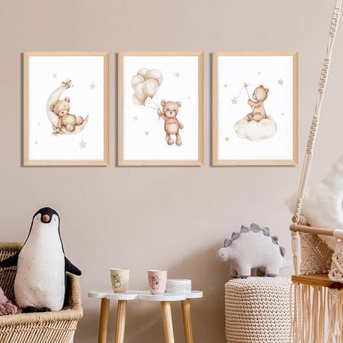 Framed Teddy Bear Wall Art Nursery Decor Set of 3, Bear Sleeping on The Moon - Image 6