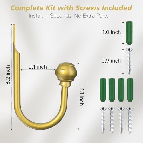 Hion Curtain Holdbacks Gold 2pcs, Curtain Tiebacks Wall Mounted Hooks - Image 2