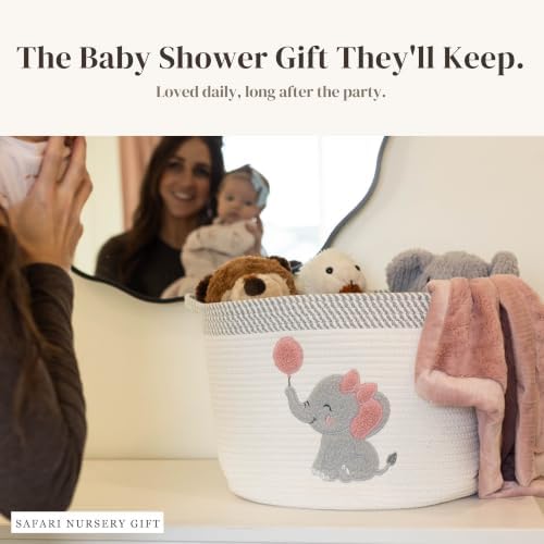 Elephant Baby Storage Basket for Girls, Cotton Rope Nursery Bin, 15x11 in - Image 6