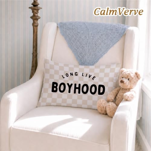 Boys Room Decor 12x20 Pillow Cover, Long Live Boyhood Retro Neutral Checkered - Image 2