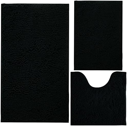 Black Bathroom Rug Chenille 3-Piece Extra Soft and Absorbent Shag Bathroom Rugs by BOANKODU