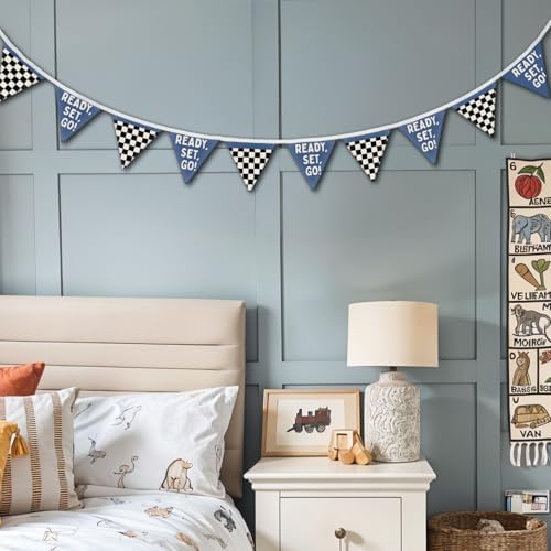 Race Car Room Decor for Boys Canvas Linen Garland Triangle Banners, Ready Set - Image 3