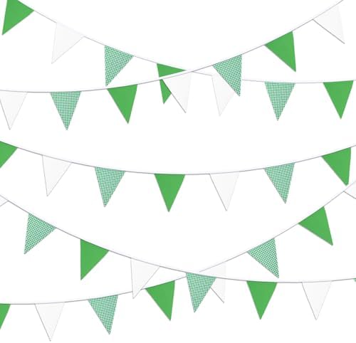 32ft Sage Green White Pennant Banner, 36 Piece Cotton Triangle Bunting by Motroce