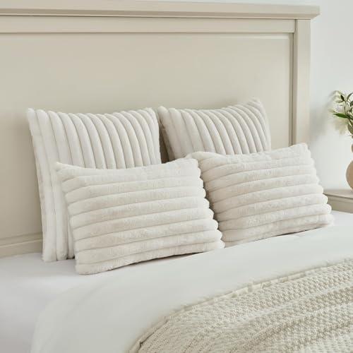 FUTEI Pack of 2 Faux Fur Throw Pillow Covers 28x28 Inch, Cream White - Image 5