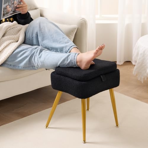 Small Vanity Chair with Storage and Foldable Backrest Black - Image 4