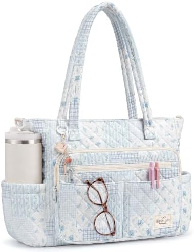 WOBAGMEN Teacher Tote Bag for Women, Quilted Floral Laptop Work Tote by WOBAGMEN