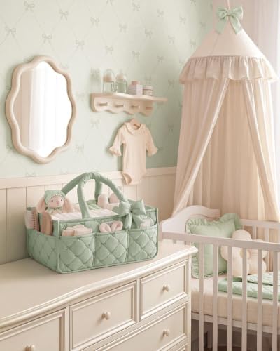Blissful Diary Baby Diaper Caddy Organizer, Nursery Basket, Bow Sage Green - Image 2