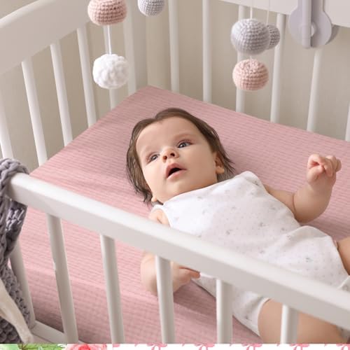Breling 2 Pcs Muslin Pink and Pink Bow Crib Sheets - Image 6