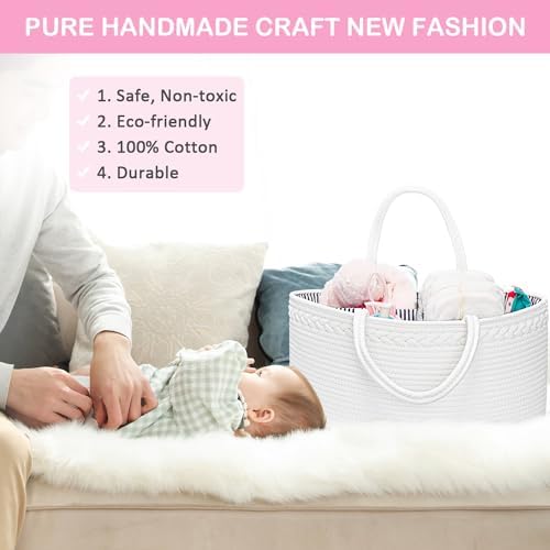 ABenkle X-Large Diaper Caddy Organizer, Boho Rustic Cotton Rope Nursery Baby - Image 3